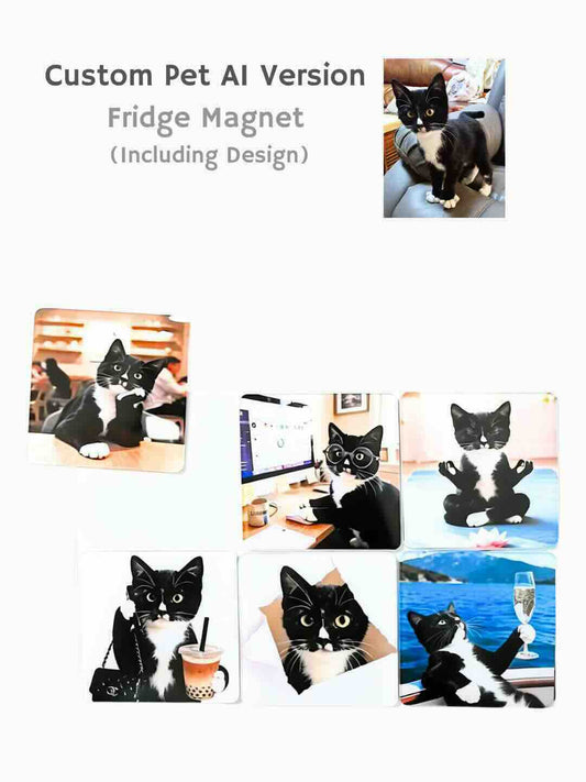A set of custom AI pet fridge magnets showing a cat in funny anthropomorphic scenarios like drinking boba tea, a creative pet lover gift.