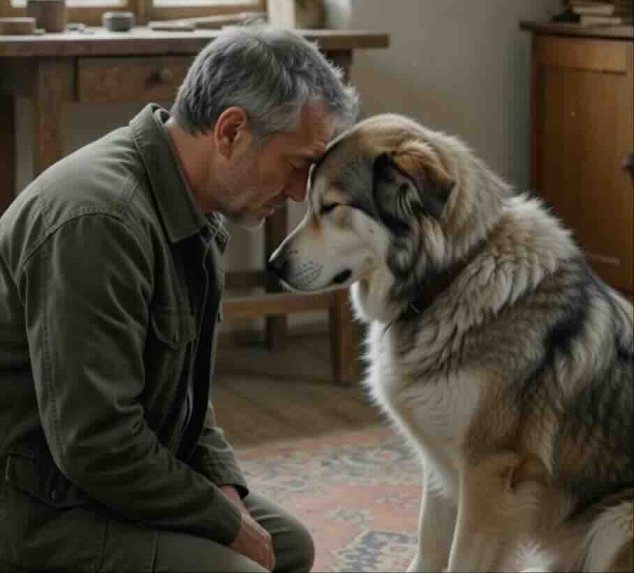 Pet owner gently holding an elderly dog before saying goodbye