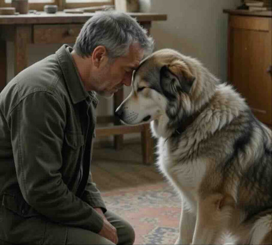 Pet owner gently holding an elderly dog before saying goodbye