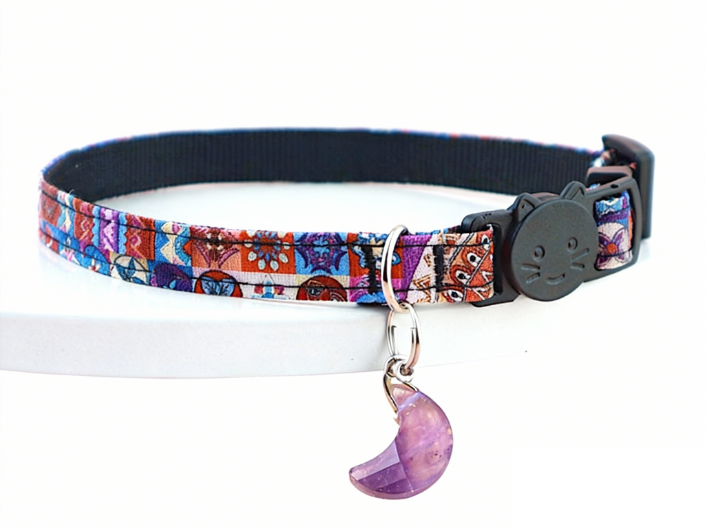 Natural Amethyst Moon Cat Collar with Safety Breakaway Buckle - Calming Crystal Pet Charm - Boho Purple Aesthetic (Adjustable)