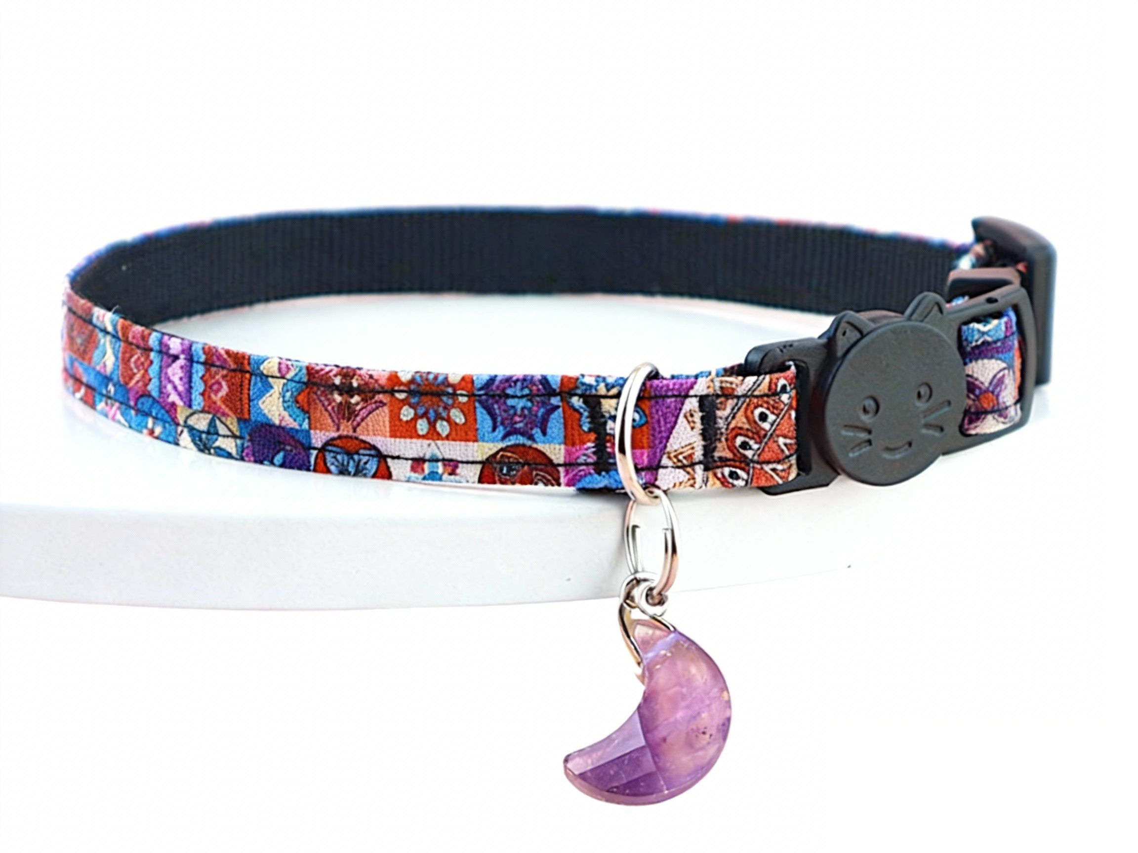 Natural Amethyst Moon Cat Collar with Safety Breakaway Buckle - Calming Crystal Pet Charm - Boho Purple Aesthetic (Adjustable)