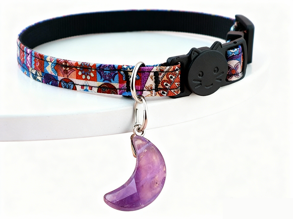 Natural Amethyst Moon Cat Collar with Safety Breakaway Buckle - Calming Crystal Pet Charm - Boho Purple Aesthetic (Adjustable)