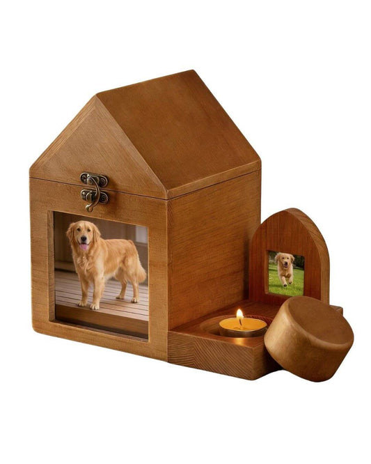 Personalized Wooden Pet Memorial House | Deep Keepsake Box for Ashes, Collar & Fur