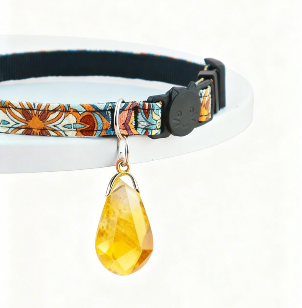 Yellow Crystal Pet Collar – Adjustable Polyester Safety-Release Collar w/ Natural Citrine Charm