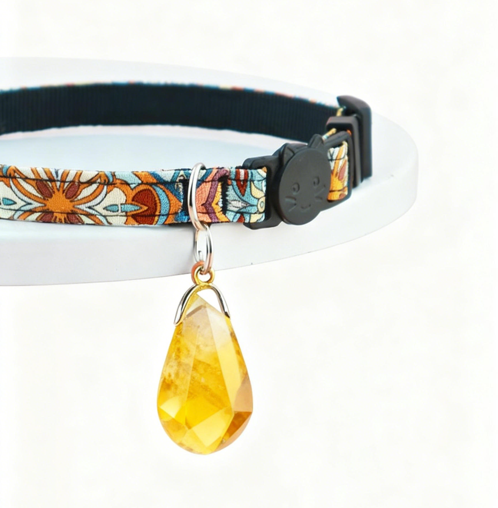Yellow Crystal Pet Collar – Adjustable Polyester Safety-Release Collar w/ Natural Citrine Charm