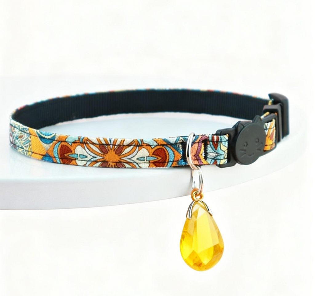 Yellow Crystal Pet Collar – Adjustable Polyester Safety-Release Collar w/ Natural Citrine Charm