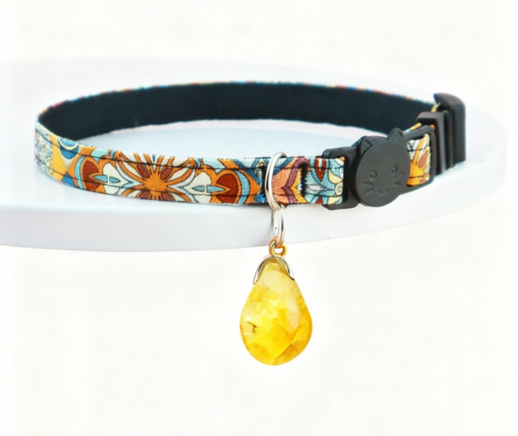 Yellow Crystal Pet Collar – Adjustable Polyester Safety-Release Collar w/ Natural Citrine Charm