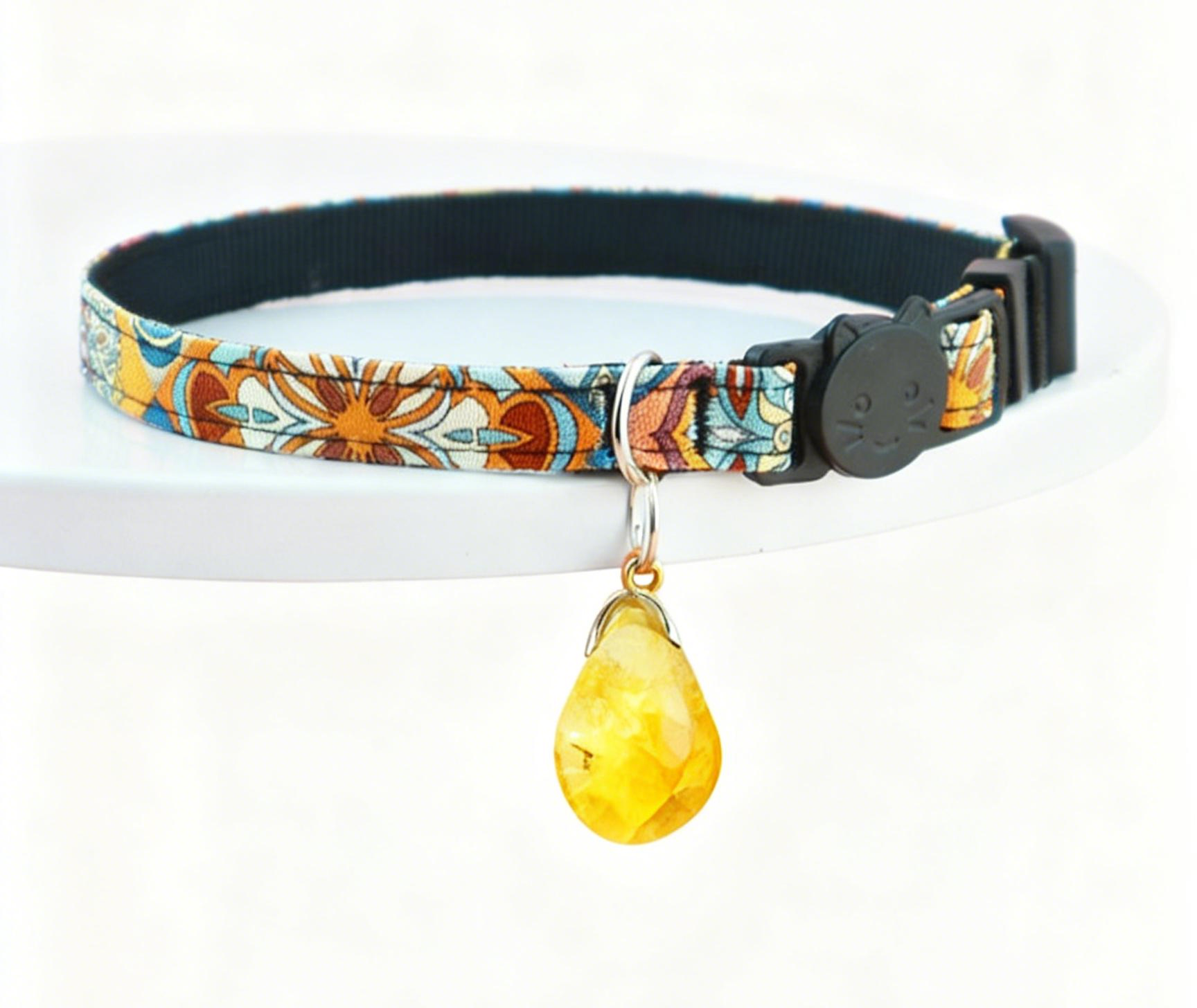 Yellow Crystal Pet Collar – Adjustable Polyester Safety-Release Collar w/ Natural Citrine Charm