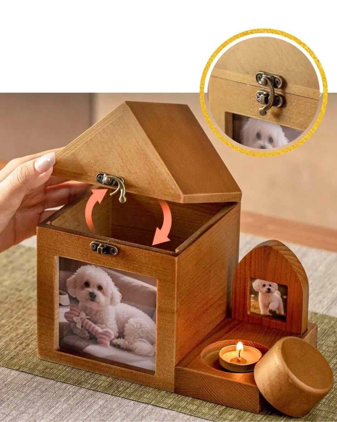 Personalized Wooden Pet Memorial House | Deep Keepsake Box for Ashes, Collar & Fur