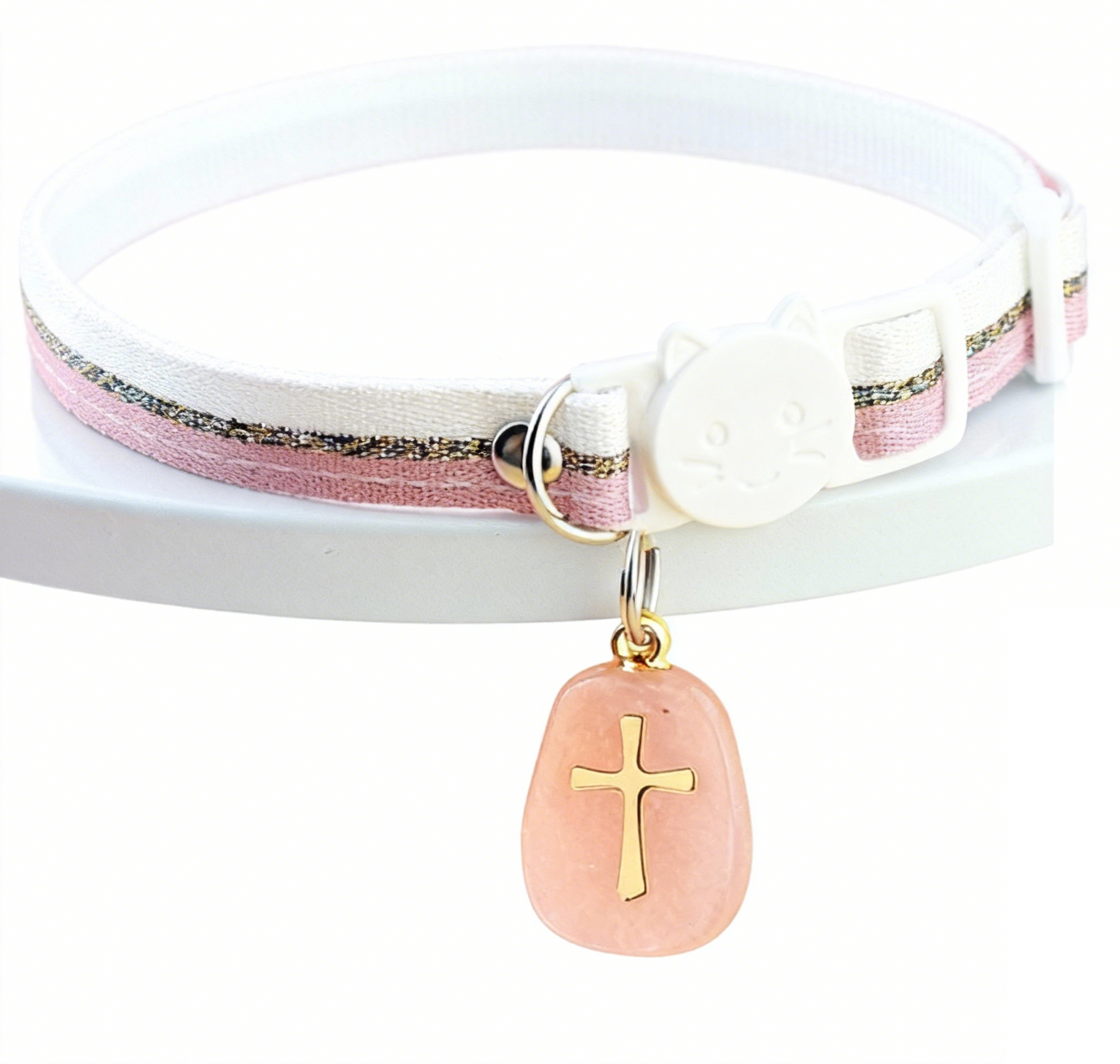 Pink Crystal Pet Collar – Adjustable Polyester Safety-Release Collar w/ Natural Rose Quartz Charm