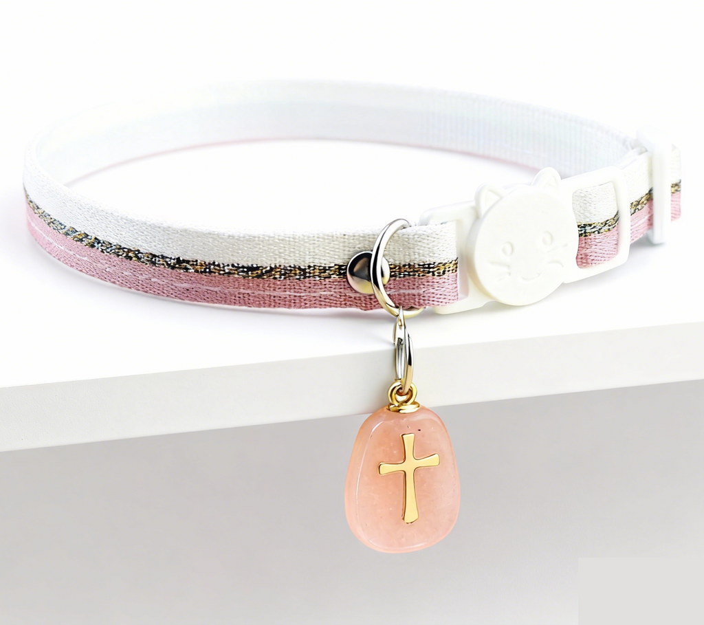 Pink Crystal Pet Collar – Adjustable Polyester Safety-Release Collar w/ Natural Rose Quartz Charm