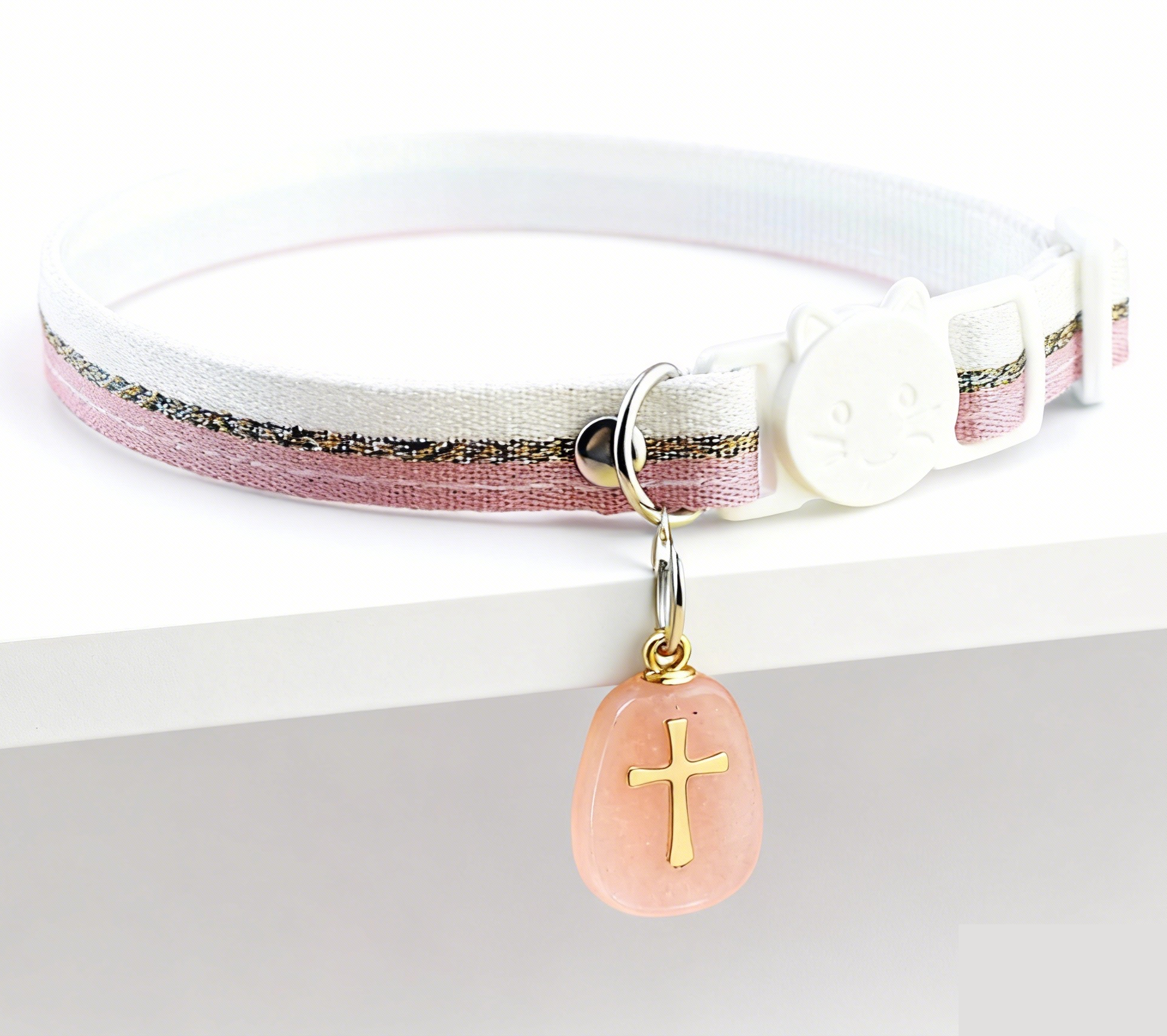Pink Crystal Pet Collar – Adjustable Polyester Safety-Release Collar w/ Natural Rose Quartz Charm