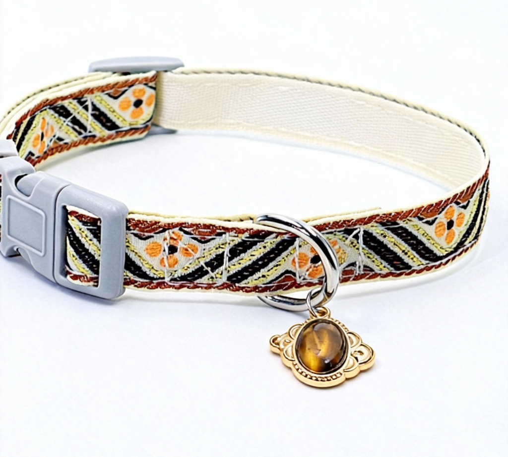 English: Natural Tiger's Eye Pet Collar - "The Warrior" Crystal Charm - Boho Geometric Pattern (Adjustable for Small/Medium Dogs)