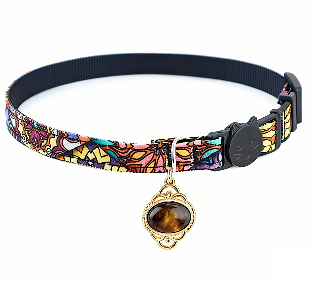 Tiger Eye Crystal Pet Collar – Adjustable Polyester Safety-Release Collar w/ Natural Tiger Eye Charm