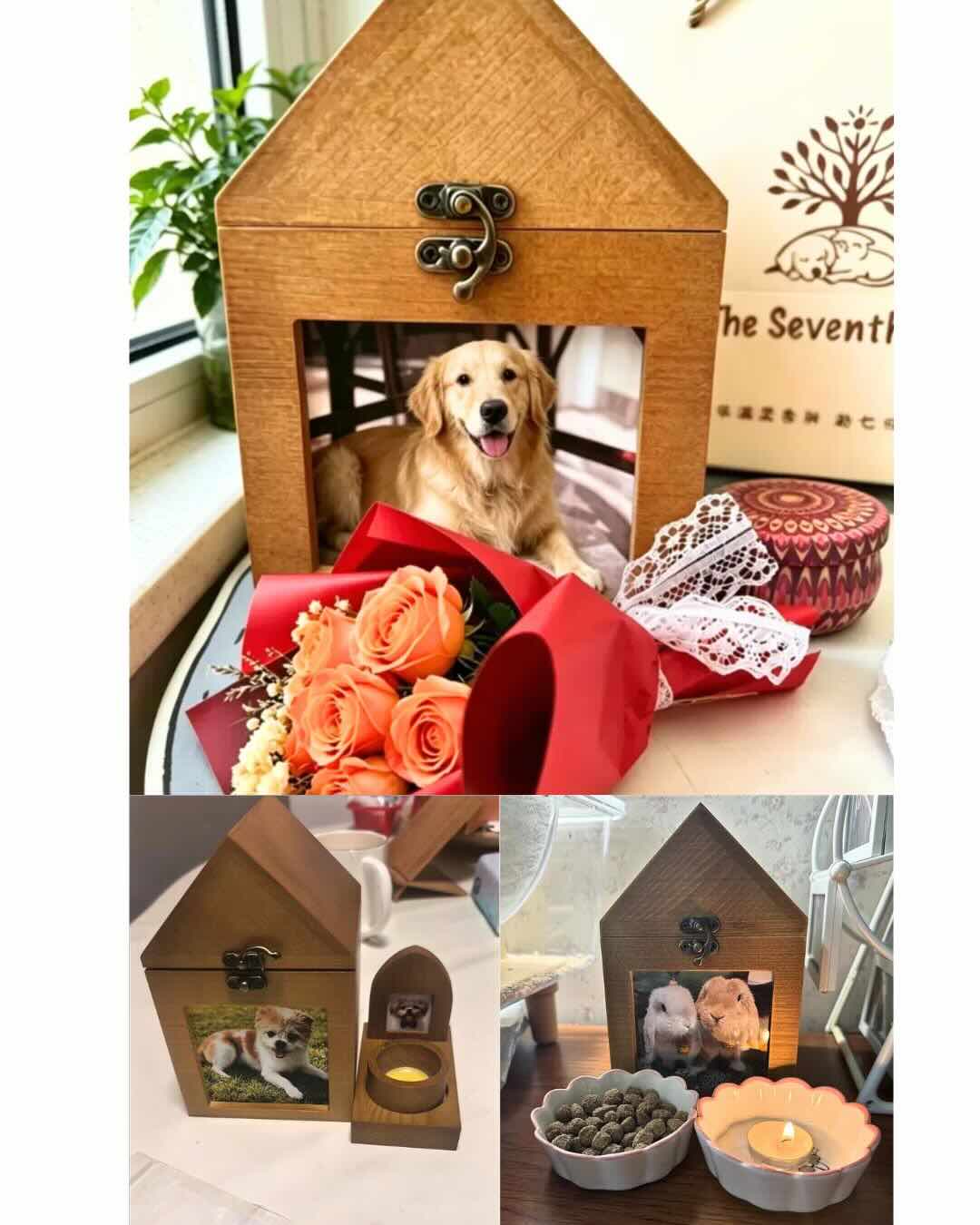 Personalized Wooden Pet Memorial House | Deep Keepsake Box for Ashes, Collar & Fur