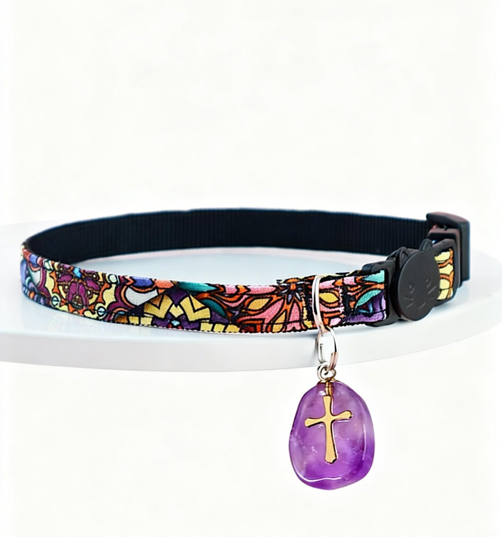 Pet Crystal Collar – Adjustable Polyester Safe-Release Collar with Purple Gem Charm | Anti-Choking Safety Buckle