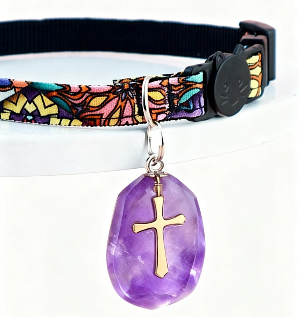 Pet Crystal Collar – Adjustable Polyester Safe-Release Collar with Purple Gem Charm | Anti-Choking Safety Buckle