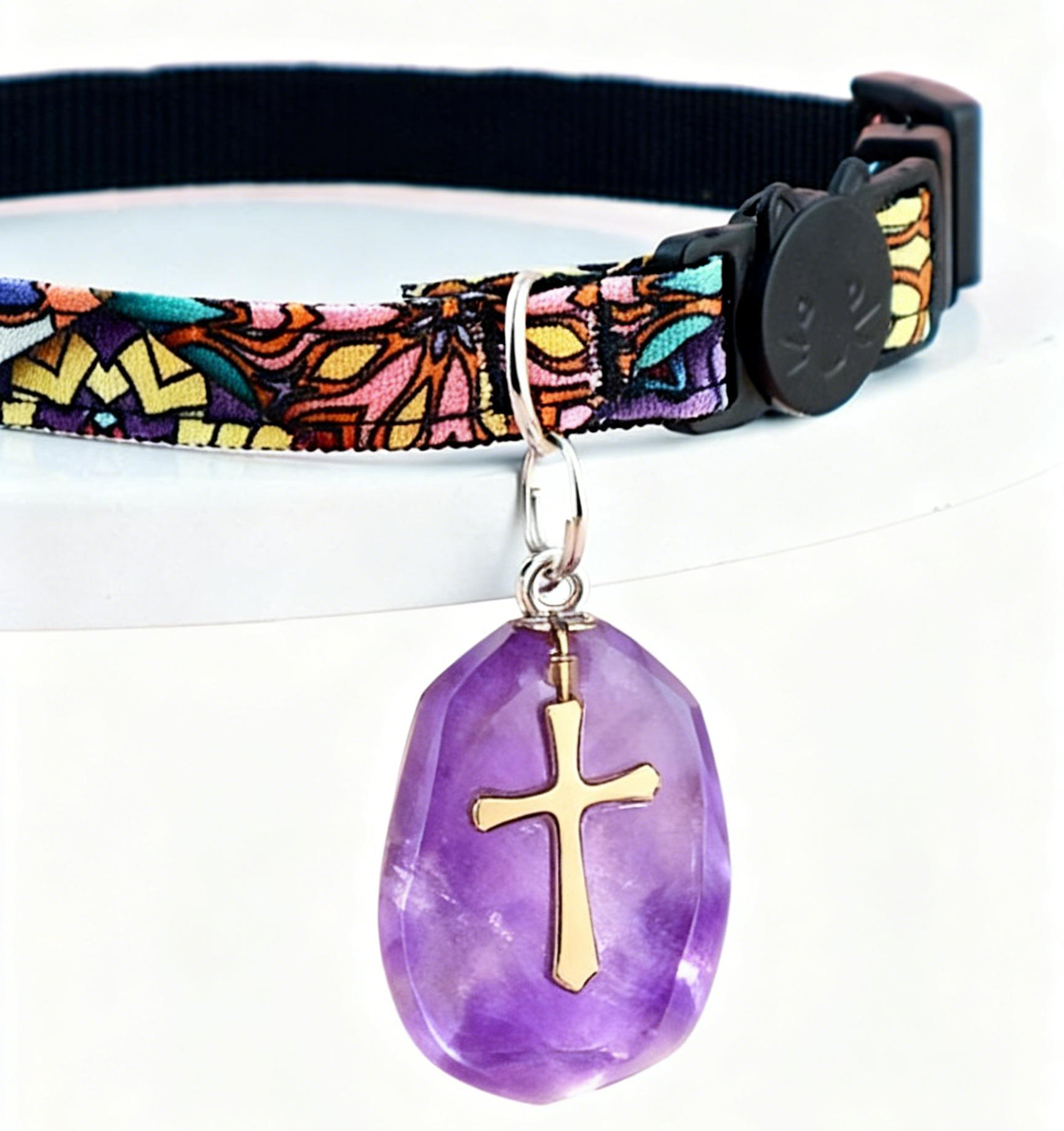 Pet Crystal Collar – Adjustable Polyester Safe-Release Collar with Purple Gem Charm | Anti-Choking Safety Buckle