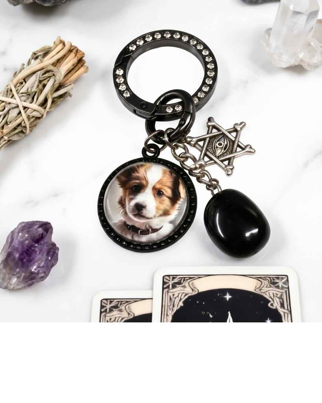 Personalized pet photo keychain shown as a small everyday keepsake.