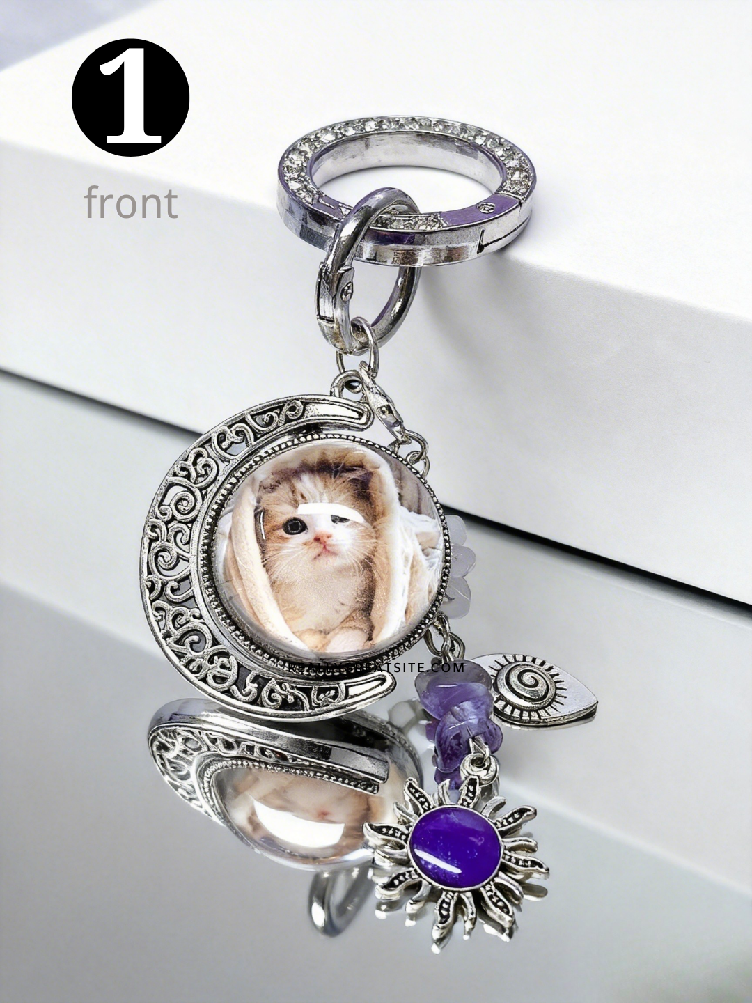 Natural amethyst crystal keychain with a custom pet photo, providing calming energy and peace for grieving pet owners.