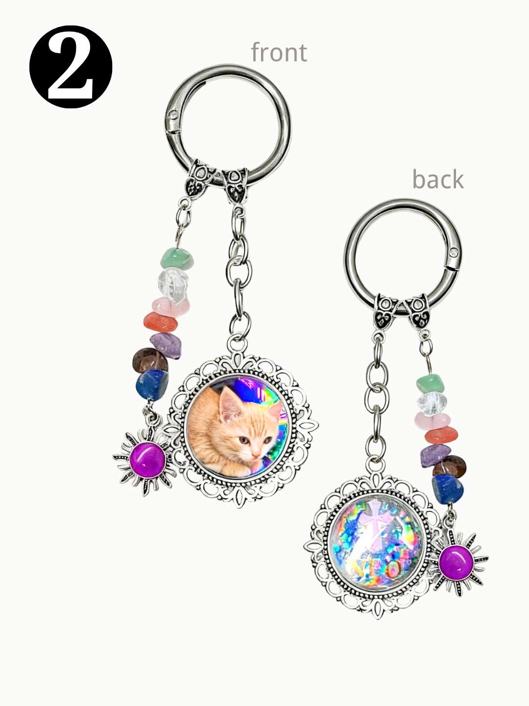 Custom cat photo bag charm with a personalized portrait pendant.