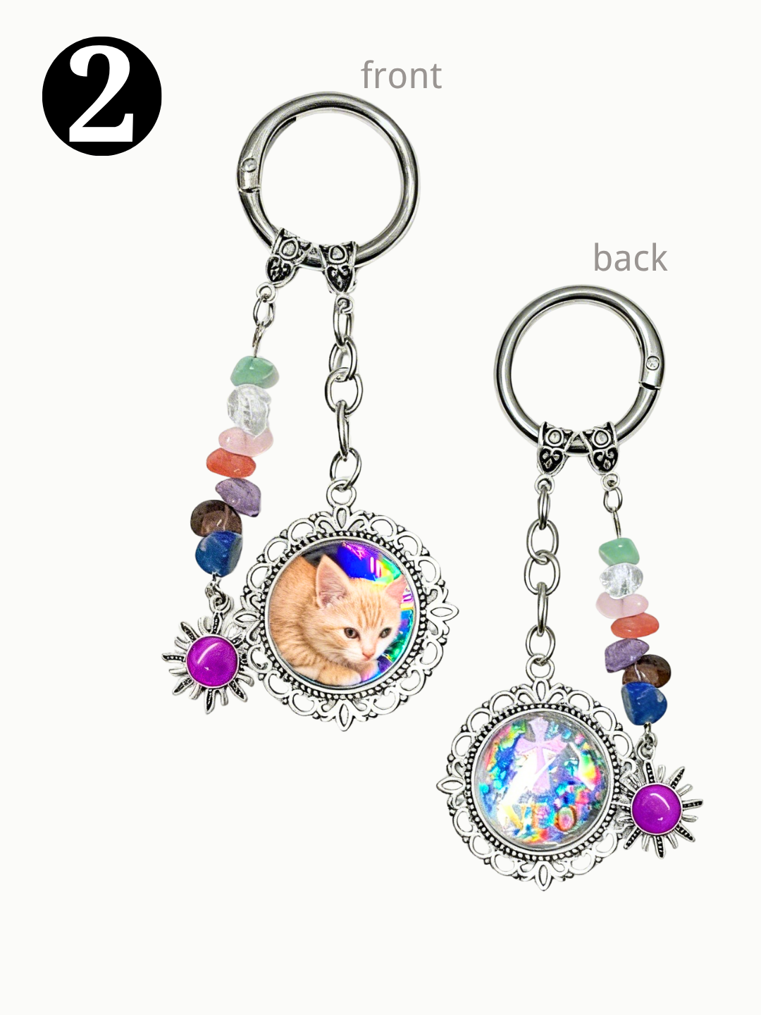 Cat loss sympathy gift featuring a personalized kitty portrait on a natural crystal backpack charm.
