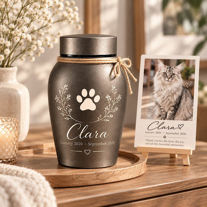 Personalized cat memorial urn displayed beside a pet photo card on a wooden stand