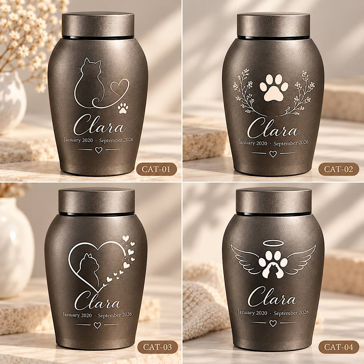 Four engraved cat urn designs labeled CAT-01 through CAT-04