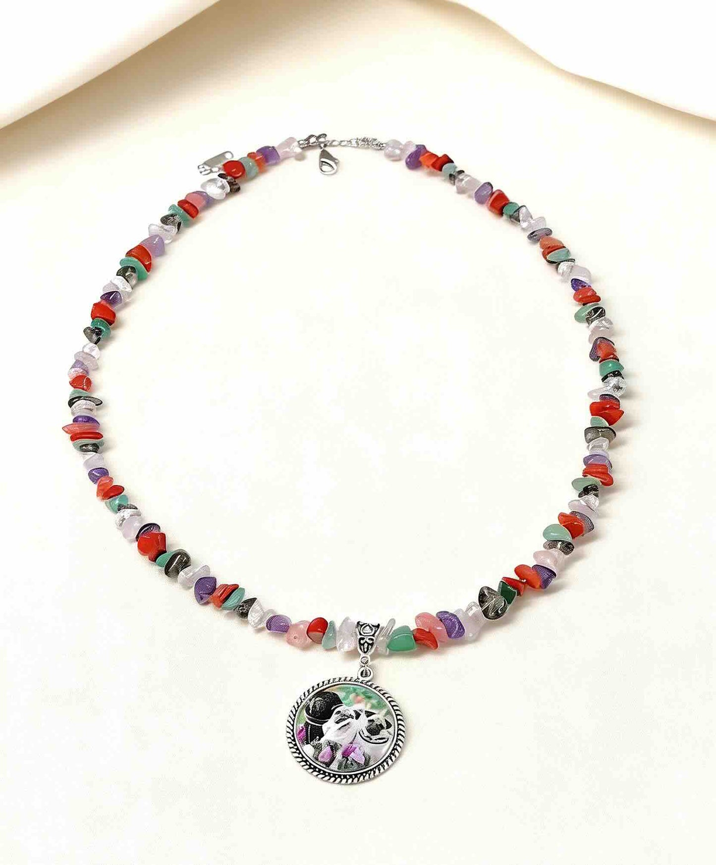 Natural Chakra healing stone necklace featuring a personalized pet portrait, designed to balance energy and provide emotional comfort for grieving pet owners.