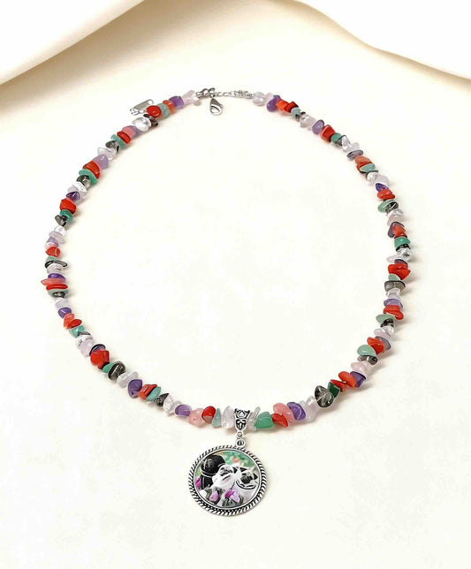 Natural Chakra healing stone necklace featuring a personalized pet portrait, designed to balance energy and provide emotional comfort for grieving pet owners.
