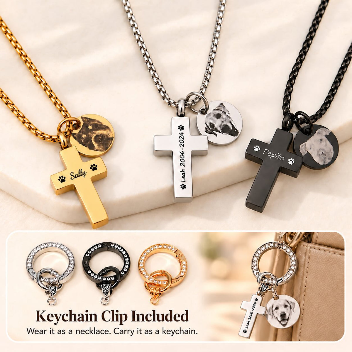 Personalized pet memorial cross necklaces in three colors with a matching keyring clip for carrying as a keychain.