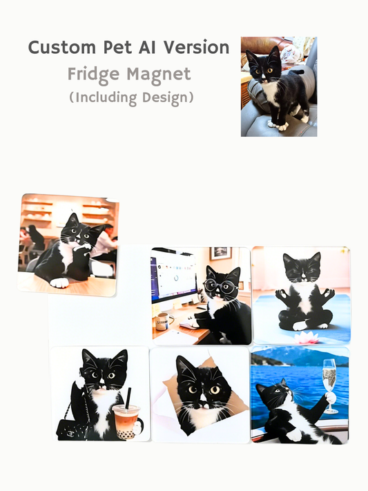 A set of custom AI pet fridge magnets showing a cat in funny anthropomorphic scenarios like drinking boba tea, a creative pet lover gift.