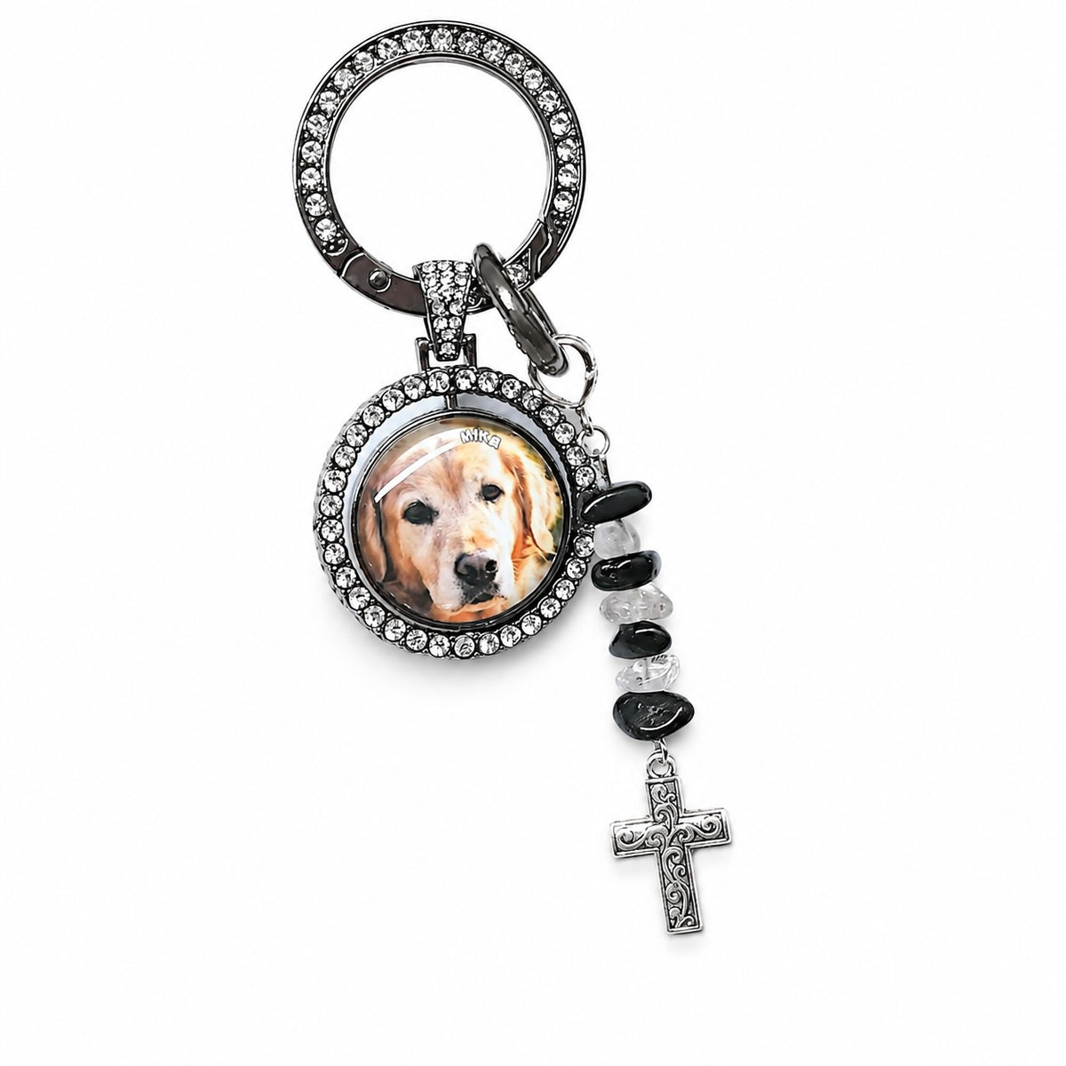 Custom dog memorial photo keychain with rhinestone frame, black crystal stones and silver cross charm