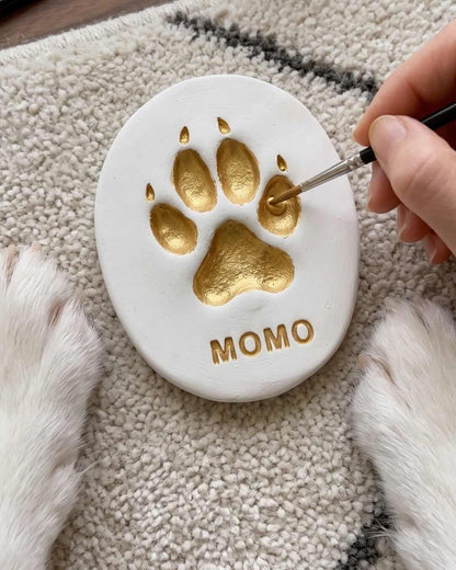 Oval dog paw print keepsake with the name Momo painted in gold