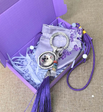 Custom dog photo memorial keychain with crystal charm and purple keepsake gift packaging