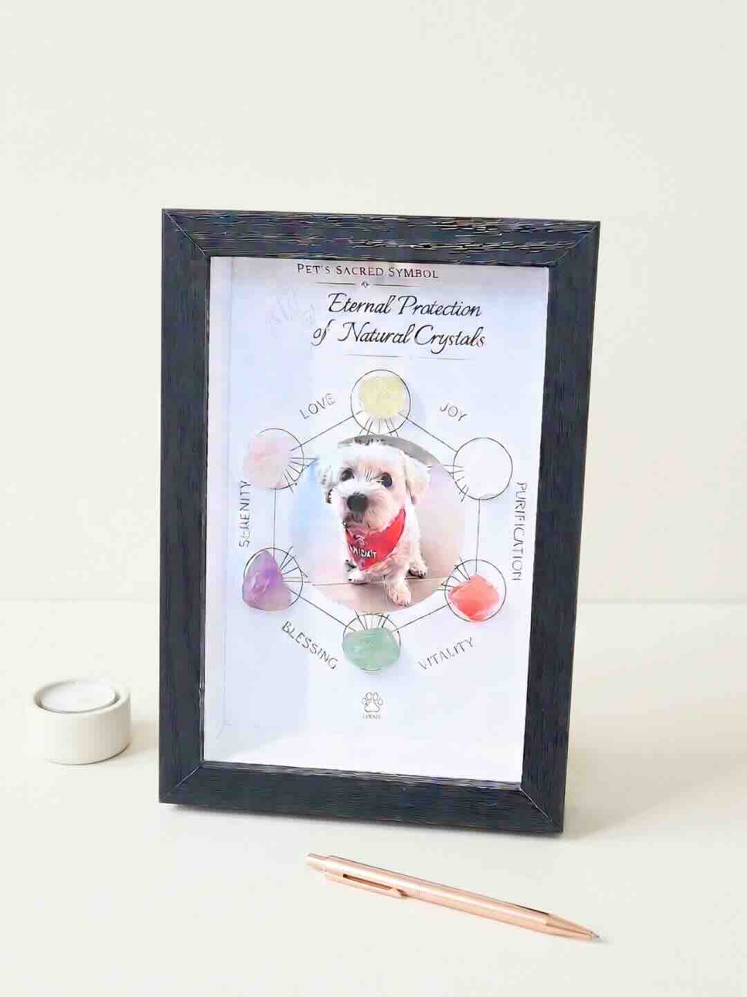 Custom dog portrait framed within a sacred crystal symbol. A unique personalized spiritual home decor piece for pet lovers featuring six authentic gemstones.