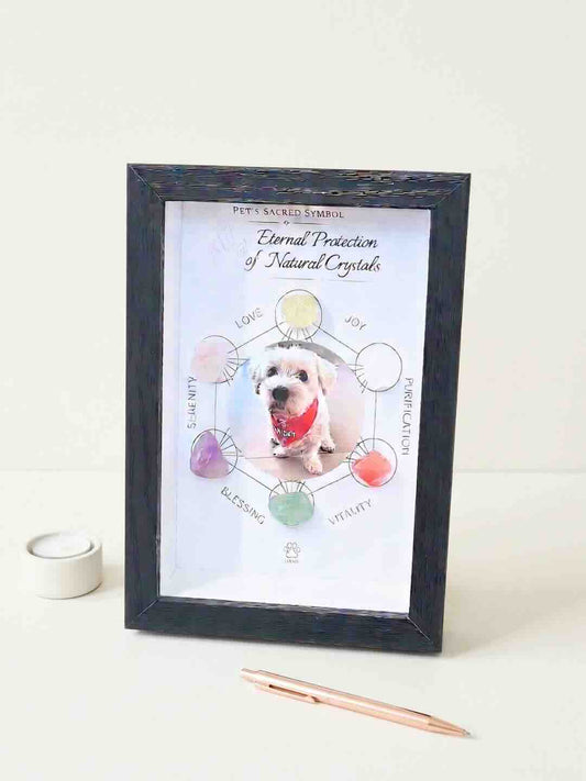 Custom dog portrait framed within a sacred crystal symbol. A unique personalized spiritual home decor piece for pet lovers featuring six authentic gemstones.