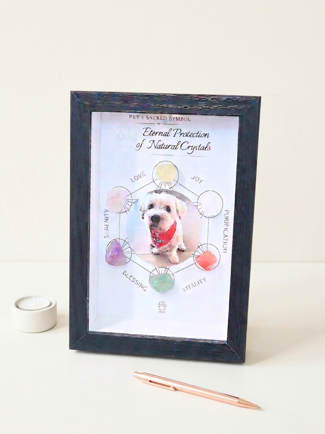 Custom dog portrait framed within a sacred crystal symbol. A unique personalized spiritual home decor piece for pet lovers featuring six authentic gemstones.