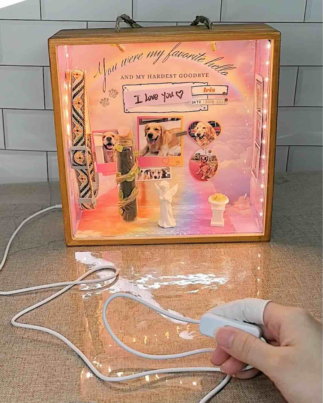 Hand holding the light switch of a custom dog remembrance shadow box, showcasing a beautiful memorial display for a deceased pet with rainbow bridge theme and LED lighting.