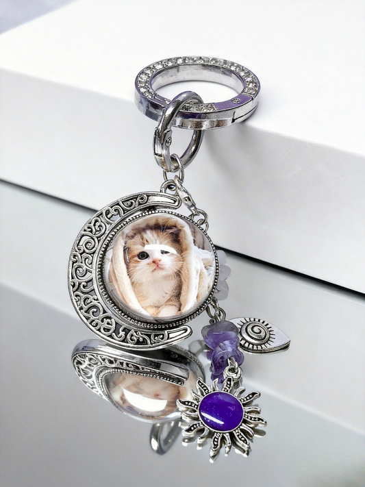 A custom pet photo crystal keychain serving as a beautiful pet memorial gift to keep your furry friend close.