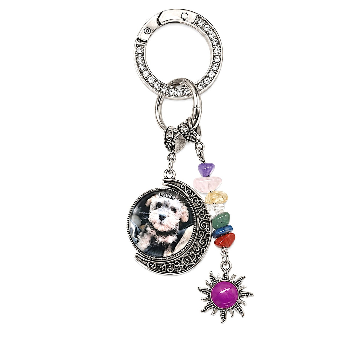 Custom pet photo memorial keychain with dog and cat picture, purple crystal stones and silver charm
