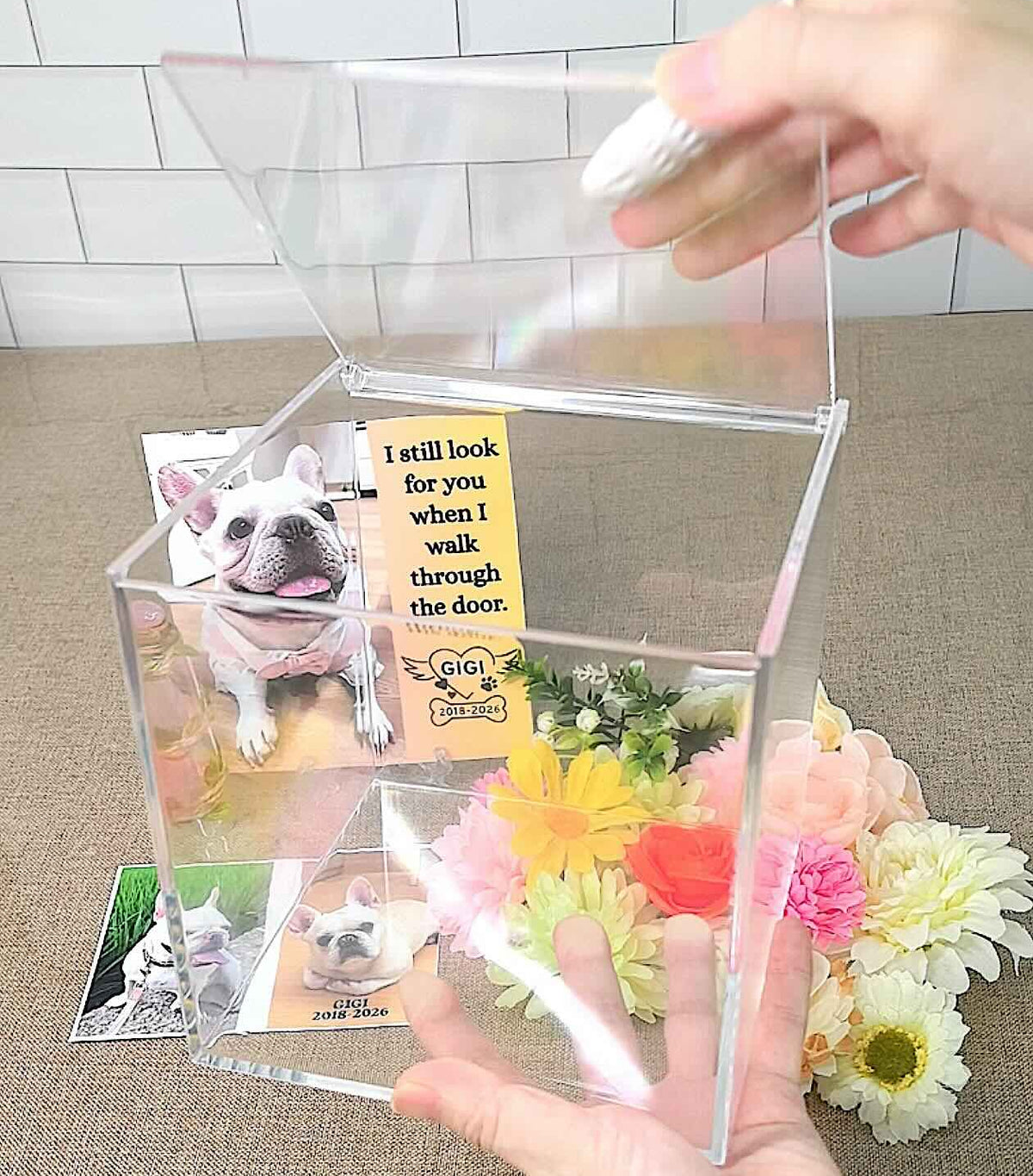 Transparent acrylic case for a pet memorial shadow box, showing the easy-to-open design for arranging DIY keepsakes.
