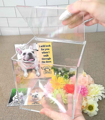 Transparent acrylic case for a pet memorial shadow box, showing the easy-to-open design for arranging DIY keepsakes.