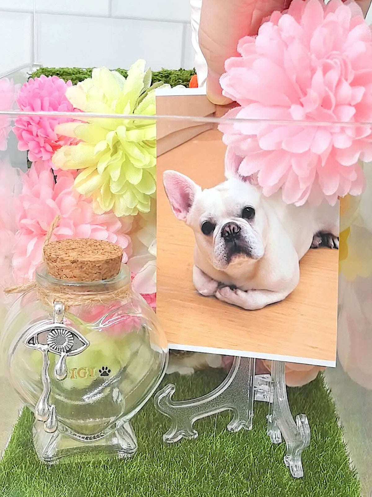 Placing a custom pet photo into a 3D pet memorial shadow box, alongside a mini pet fur keepsake bottle and colorful decorative flowers.