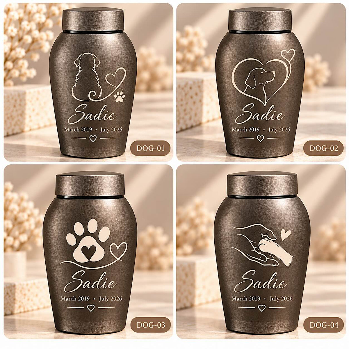 Four engraved dog urn designs labeled DOG-01 through DOG-04