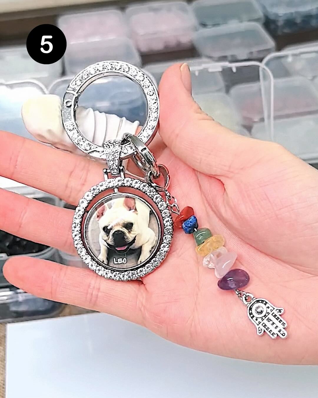 Personalized dog photo keychain shown with a circular pet portrait and metal key ring.