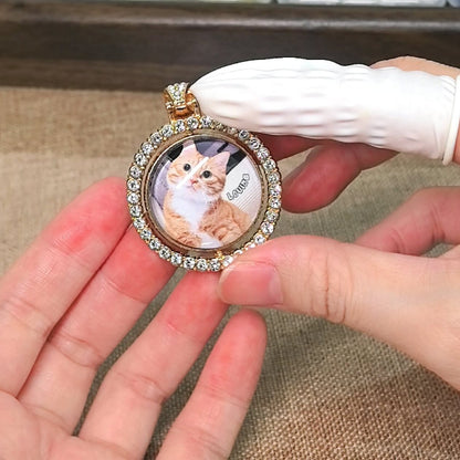 Gold custom cat photo memorial keychain with rhinestone frame, personalized pet picture and crystal charm