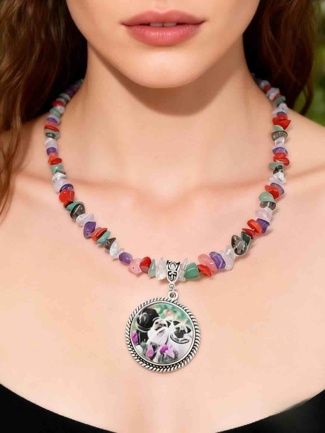 Handcrafted multi-color crystal chip necklace with a custom pet photo pendant, a unique personalized gift for dog and cat lovers who cherish memories.