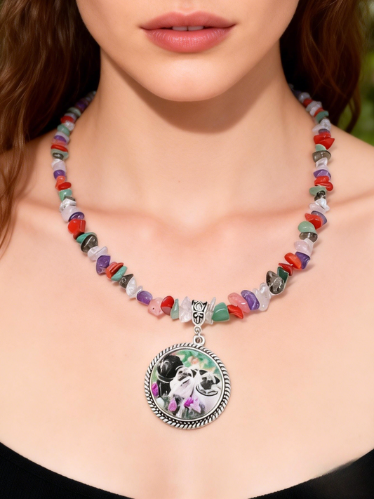 Handcrafted multi-color crystal chip necklace with a custom pet photo pendant, a unique personalized gift for dog and cat lovers who cherish memories.