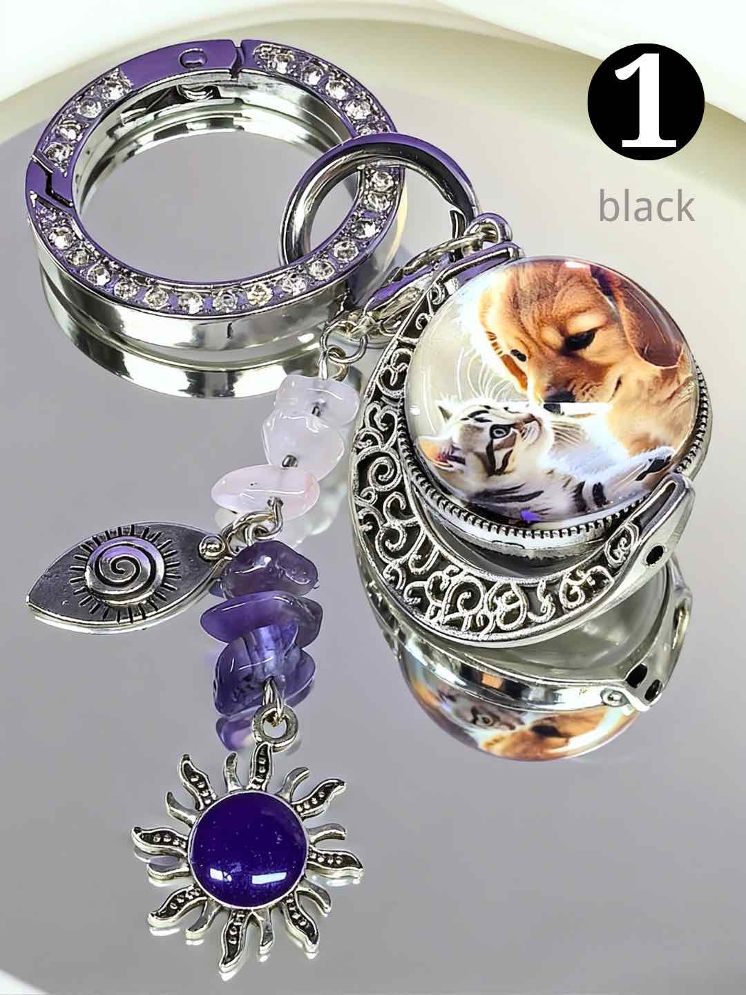 Custom dog photo keychain with a personalized portrait and decorative bead details.